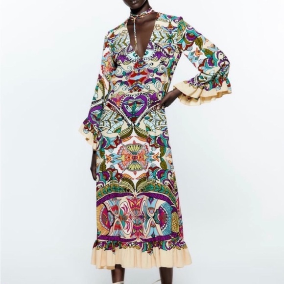 Zara Dresses & Skirts - Zara Printed Midi Dress size XXL purple cream v neck